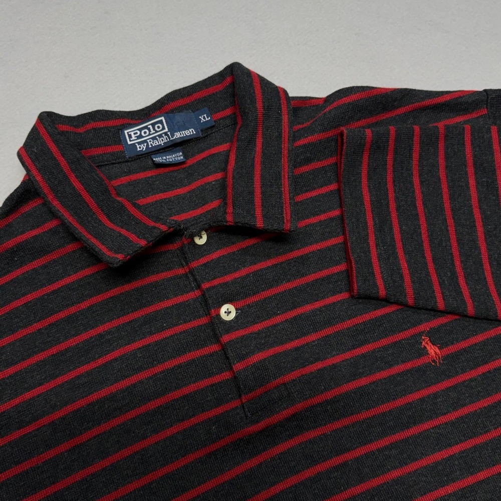 Polo Ralph Lauren Long Sleeve Polo Men Shirt XL Dark Grey Red Striped Cotton VTG